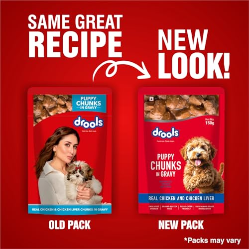 Drools Puppy Wet Dog Food 0.9kg (150g x 6 Packs) | Real Chicken & Chicken Liver Chunks in Gravy | Better Digestibility & Overall Health | Supports Healthy Skin & Coat | Maintains Joint Health