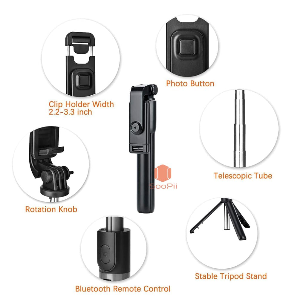 SOOPII 3-in-1 Selfie Stick with Bluetooth Remote, Foldable Tripod Stand, Compact & Extendable Upto 70 cm / 27.5 inches Mobile Stand Holder for iPhone and Android Devices