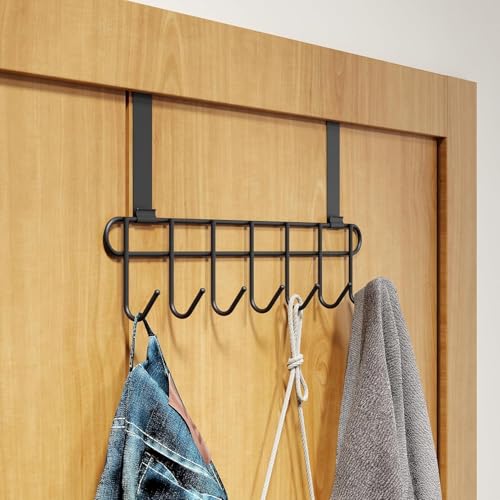 Crasts Over The Door Hook Hanger, Hanging Organizer Rack Steel Door Hook Hanger Wall Hook Rack (7 Hooks) Black
