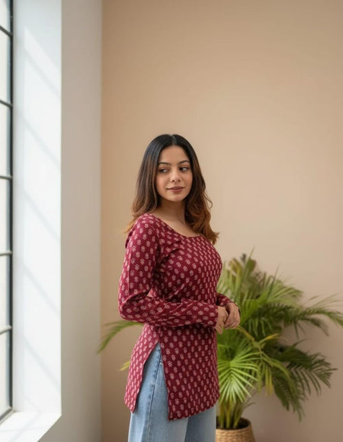 ANANT STORE Women's Rayon Floral Printed Full Sleeves V-Neck Short Kurti, Bell Sleeves, Short Kurti for Woman, Stylish Ethnic Top, Daily Casual Western & Office wear (in, Alpha, M, Maroon)