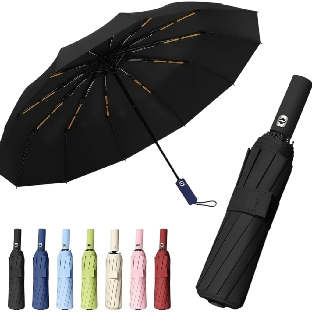 SOUKIO Umbrella, UV Big Size Umbrella for Sun Protection Rain Windproof Strong large 3 fold for men women kids boys girls Perfect small & stylish Windproof & Compact (Black)