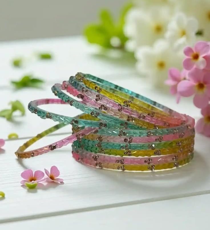 Raahive Multicolor kashmiri Glass Bangles Set for Women | Gold Stone Studded Designer Chooda | Traditional Bridal, Wedding & regular wear (Set of 12) (2-4)