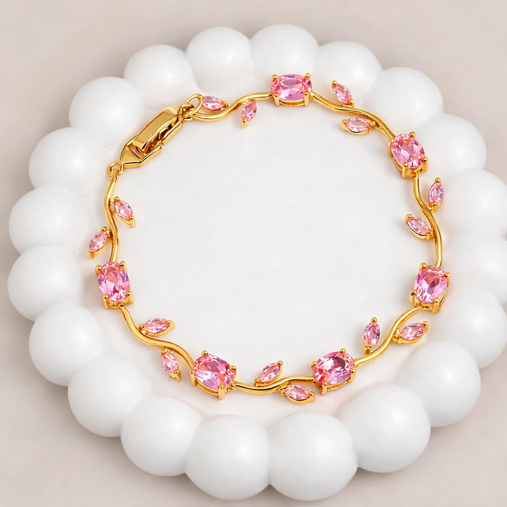 JIMOR Trendy Tulip Bracelet for Women | Gold Plated Pink Crystal Floral Bracelet | Elegant Minimalist Jewelry | Adjustable Chain Bracelet Gift for Girls Women | Stylish Party Daily Wear Accessory