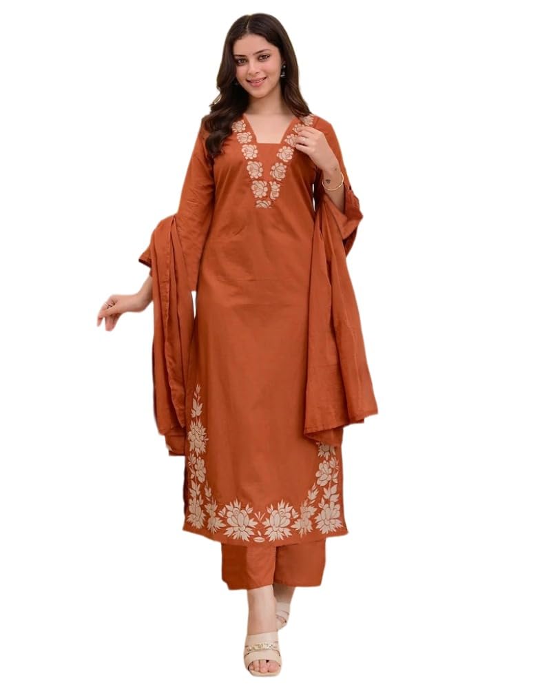 ANNI DESIGNER Women's Rayon Viscose Straight Embroidery Kurta with Pant & Dupatta (FULKUMARI RUST_XL_RUST_X-Large)