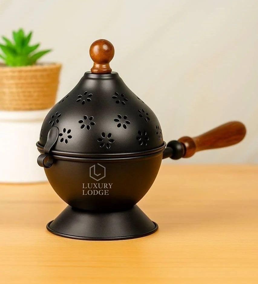 𝐋𝐔𝐗𝐔𝐑𝐘 𝐋𝐎𝐃𝐆𝐄™ Metal Dhoop Dani | Incense Burner for Puja | Loban Dani | Bakhoor Burner | Dhoop Holder Stand | Globe Design with Wooden Handle | Pooja Room Decor | Home Fragrance | Gift