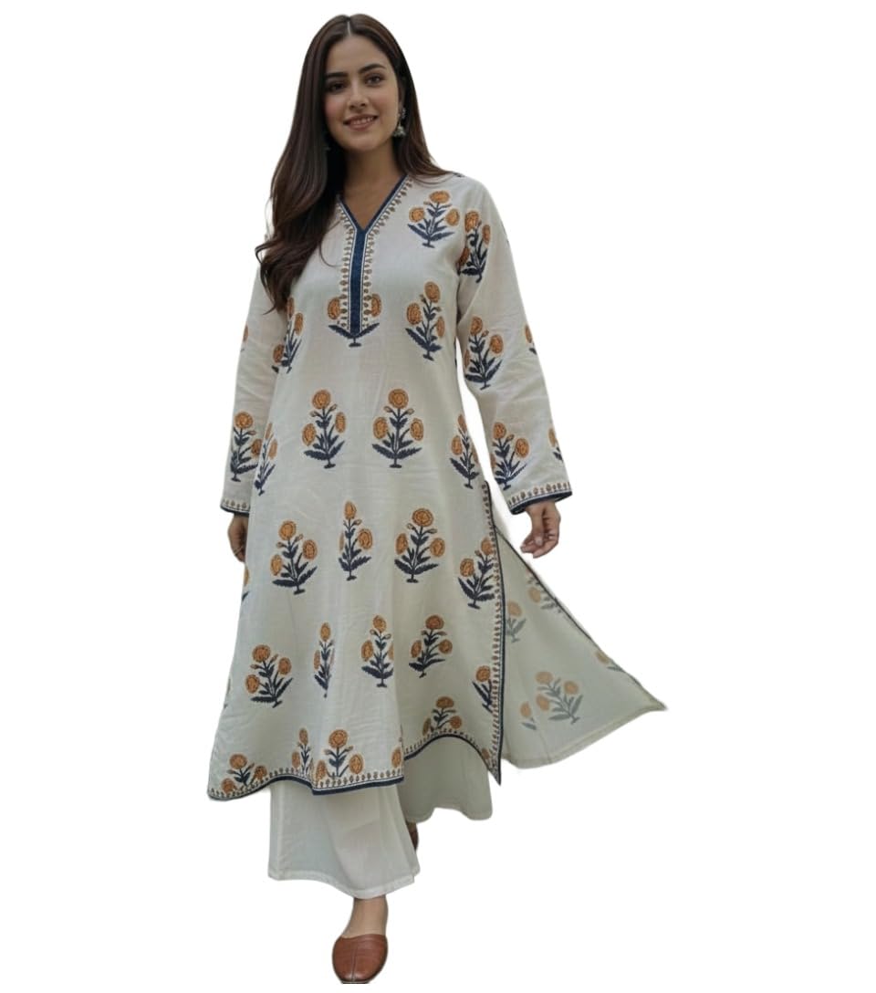 ANNI Designer Women's Viscose Blend Straight Printed Kurta with Palazzo (Nawal White_M_White_Medium)