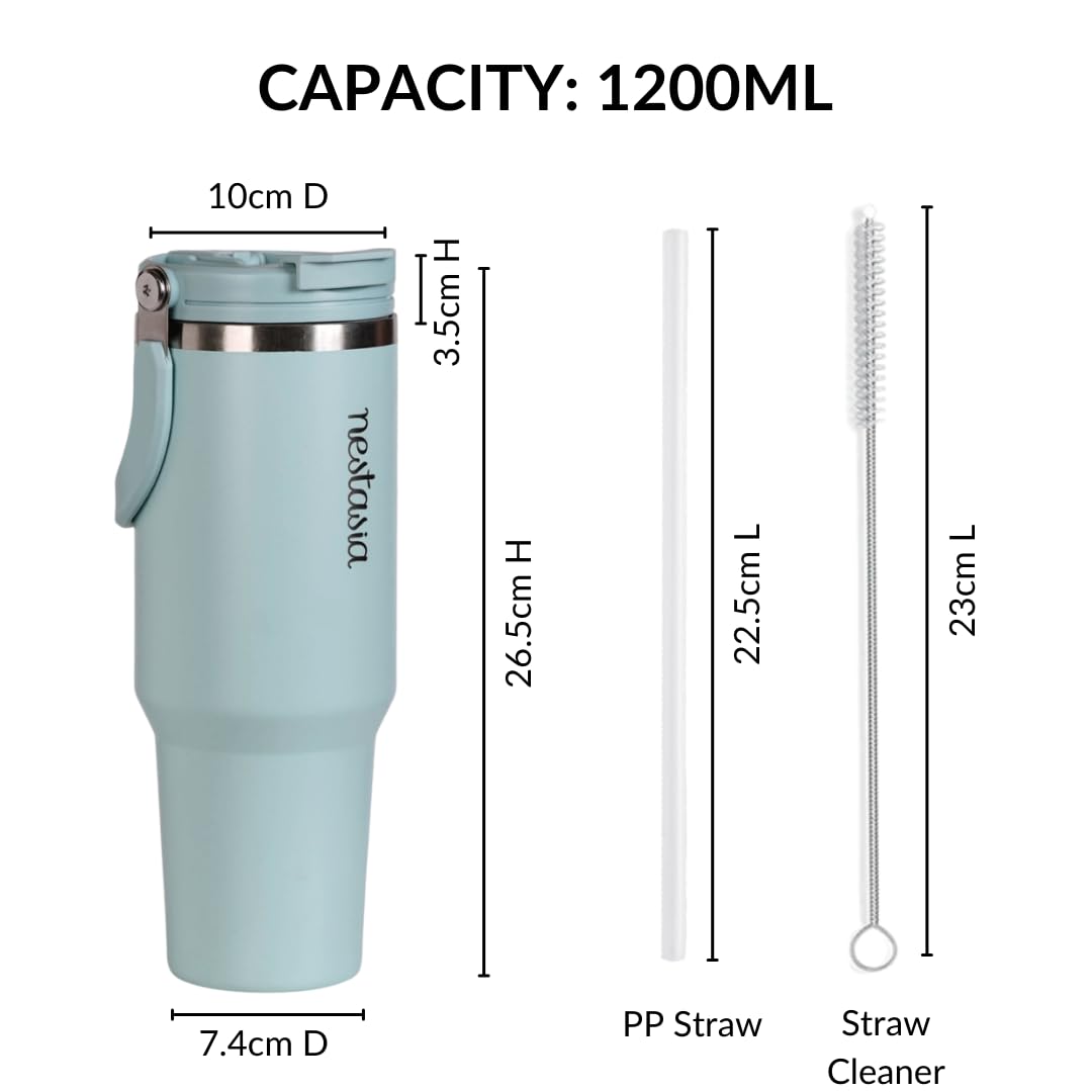 Nestasia PickSip40 Tumbler with Straw & Top Handle 1.2L | Insulated Stainless Steel Sipper Water Bottle for Adults with Dual Flip Opening Sip-Swig Leakproof Lid for Office & Gym (Arctic Blue)