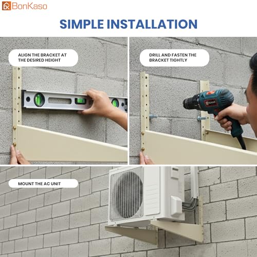 BonKaso Heavy Duty AC Stand for Outdoor Unit | Mild Steel Rust Proof Wall Mount Bracket with Powder Coated Finish | Supports Up to 200kg | AC Outdoor Unit Stand with Fasteners | Pack of 1
