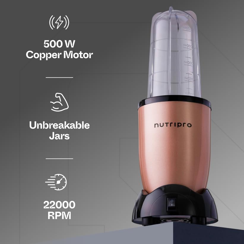 Nutripro Juicer Mixer Grinder Smoothie Maker - 500 Watts (2 Jars & 1 Blade, Gold) - 2 Year Warranty