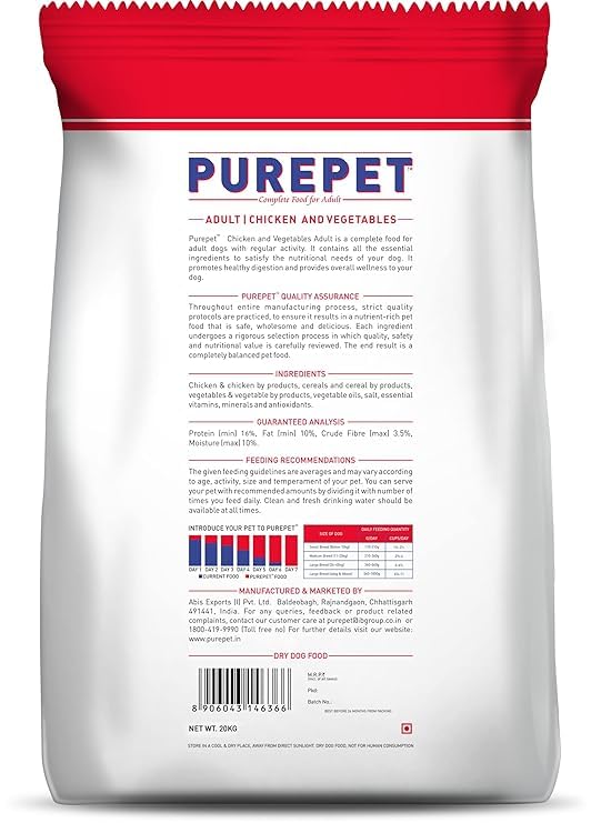 Purepet Adult Dry Dog Food 20kg | Chicken & Vegetable Flavour | Promotes Health & Vitality | Balanced Nutrition | Supports Digestive Health