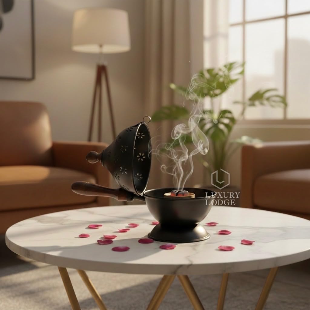 𝐋𝐔𝐗𝐔𝐑𝐘 𝐋𝐎𝐃𝐆𝐄™ Metal Dhoop Dani | Incense Burner for Puja | Loban Dani | Bakhoor Burner | Dhoop Holder Stand | Globe Design with Wooden Handle | Pooja Room Decor | Home Fragrance | Gift