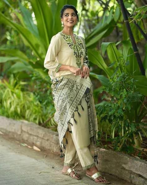 Fabyuti Women's Cotton Handloom Embroidered Kurta with Pant & Dupatta Set-GREEN_2XL