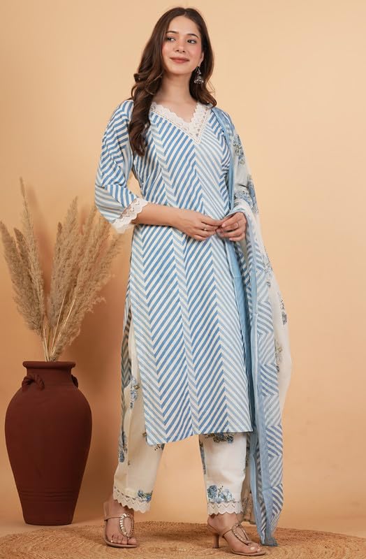 rytras Women's Pure Cotton Printed Straight Kurta Set with Palazzo Pants & Dupatta|Ethnic wear|Kurti Suit Set for Women(TCK724,Blue,XL)