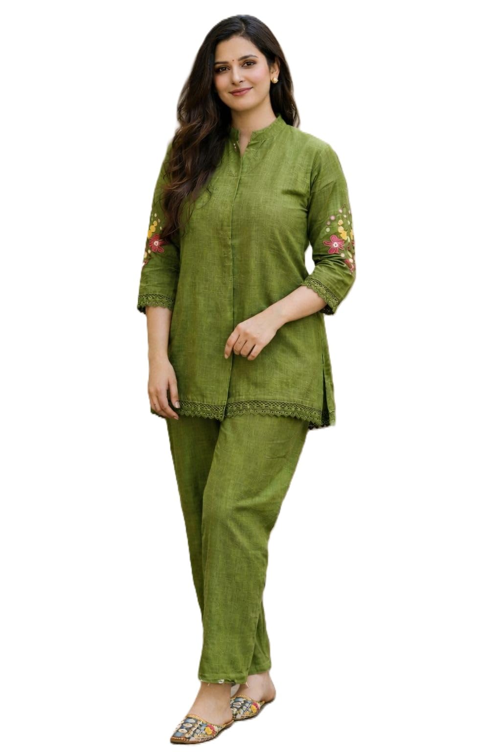 A2 Cloth Women's Pure Cotton Co-Ord Set, Green Kurta with Pant, Floral Embroidered 3/4 Sleeve, Stylish Pocket Design (in, Alpha, L)