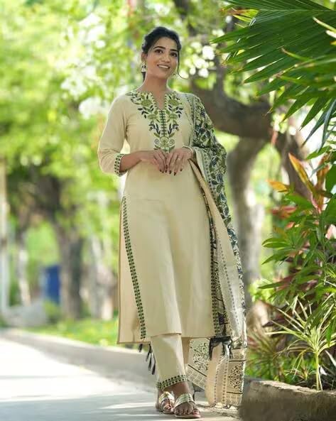 Fabyuti Women's Cotton Handloom Embroidered Kurta with Pant & Dupatta Set-GREEN_2XL