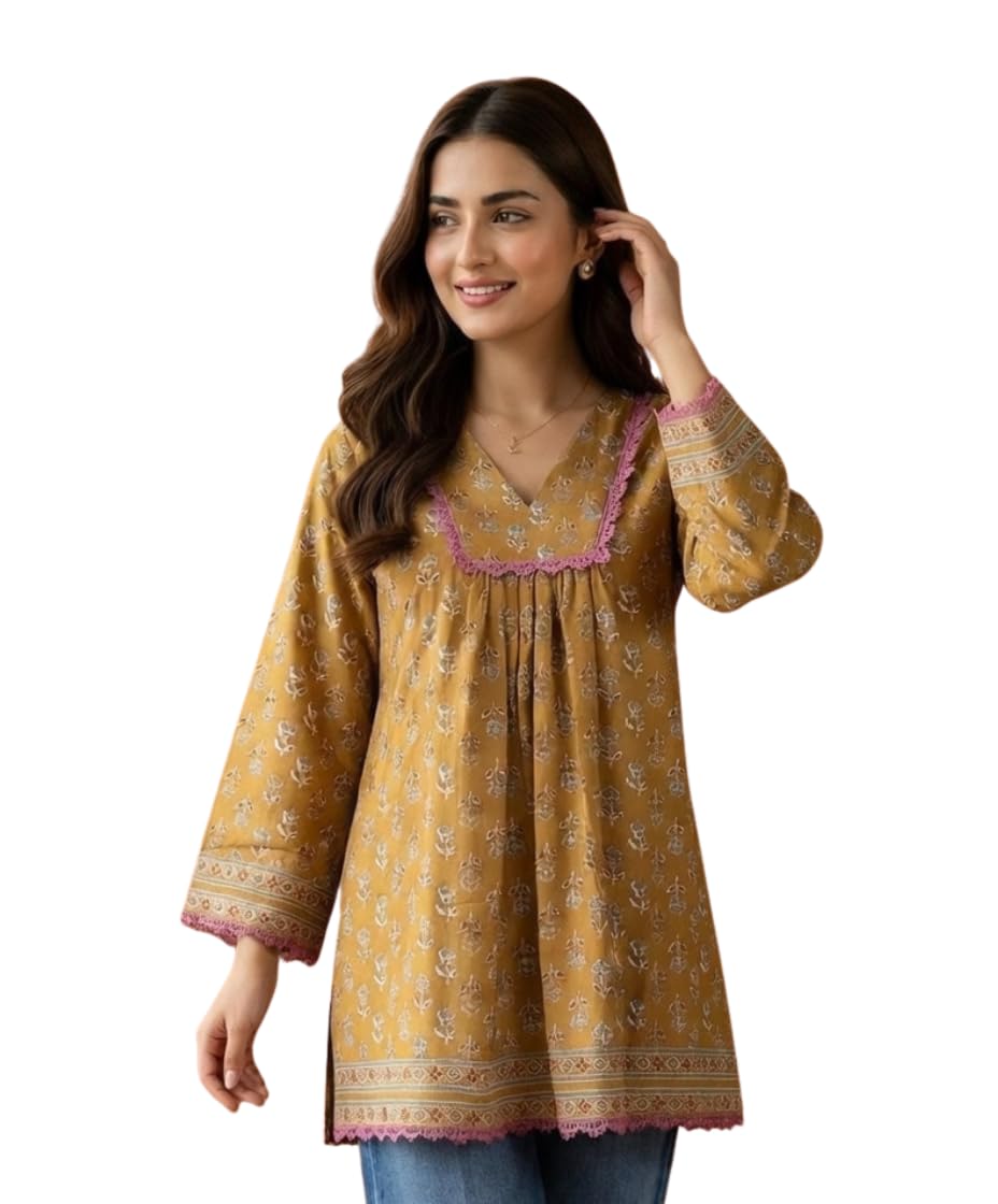 Leriya Fashion Tunic Tops for Women Stylish | Mustard Tunic Tops for Women Cotton – Long Top for Woman | Woman Ethnic Printed Western Top Kurtis