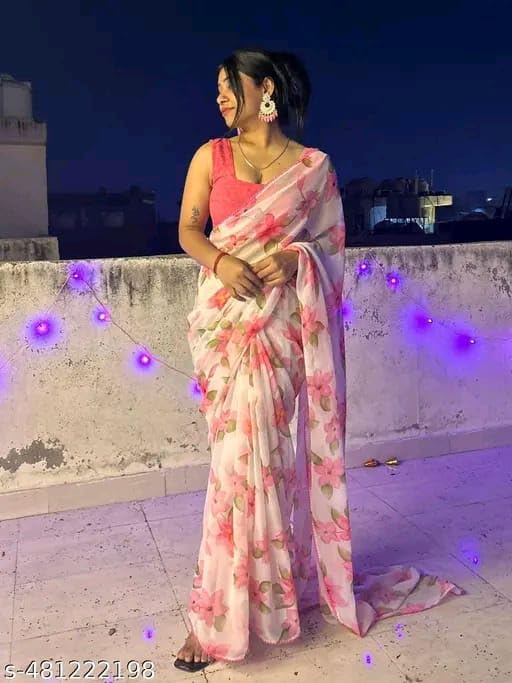 Lightweight Chiffon Saree with Lace BorderPink chiffon flower