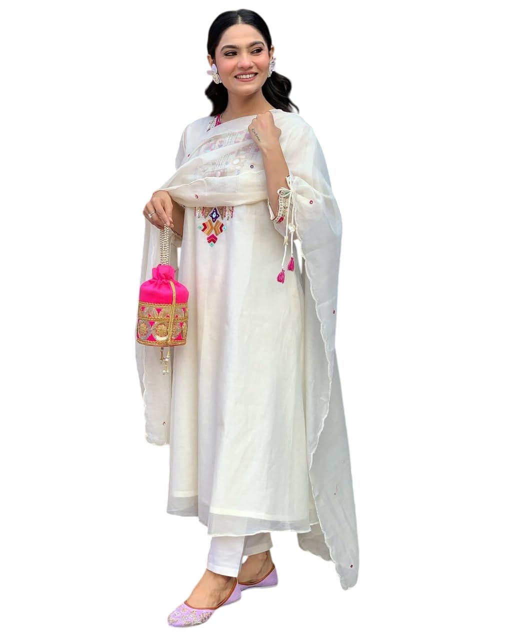 A K SWIFT Women's Cotton Mirror Work Embroidered Straight Kurti With Pant and Dupatta Set (White-L)
