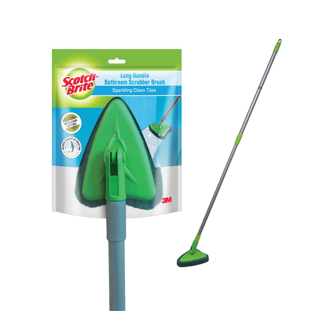 Scotch-Brite Height Adjustable Handle Bathroom Tile Scrubber Brush- Cleans Tiles, Hard to Reach Corners, Floors Without Bending, Tough Stain Removal, 180° Rotating Triangular Head for Easy Cleaning