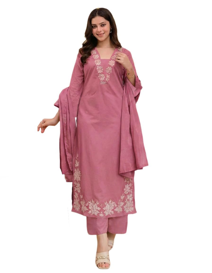 ANNI Designer Women's Rayon Viscose Straight Embroidery Kurta with Pant & Dupatta (FULKUMARI Baby Pink_L_Baby Pink_Large)