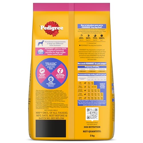 Pedigree Puppy Dry Dog Food, Chicken & Milk, 3 kg, Contains 37 Essential Nutrients, 100% Complete & Balanced Food for Puppies