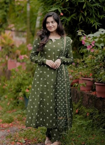 KLOSIA Women's Printed Anarkali Kurta and Pant with Dupatta Set (in, Alpha, L, Green)