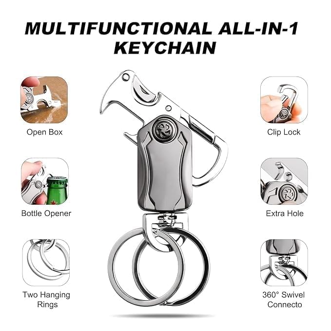 JITRUVA Multifunction Keychain 5 IN 1 Heavy Duty Dual Metal Ring, Bottle Opener, Mobile Phone Holder, 360° Rotate Spinner - Outdoor Carabiner Portable Key-chain For Bike & Car T5i1k-37