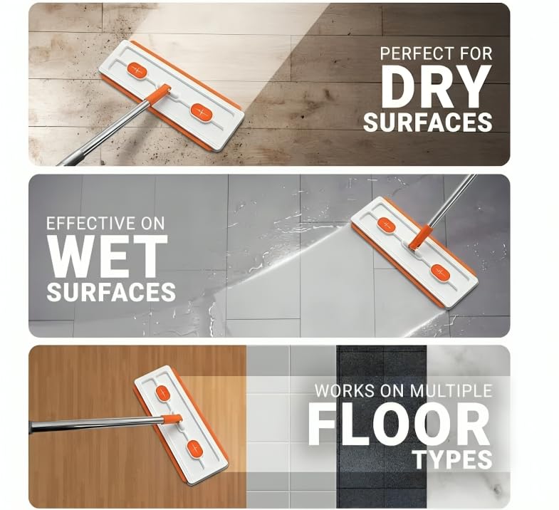 JAPERO Flat Mop for Floor Cleaning with 3 Refill Pads, Microfibre Mop for Home with 360° Swivel Head, Hands-Free Slider Squeeze, Bucket-Less Design, Wet & Dry Floor Cleaning Mop