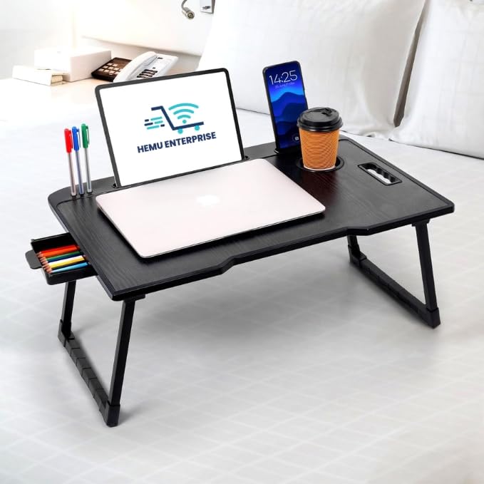 Smart Multipurpose Foldable Laptop Table with Cup Holder, Study Table, Bed Table, Breakfast Table, Foldable and Portable/Ergonomic & Rounded Edges/Non-Slip Legs (Black)