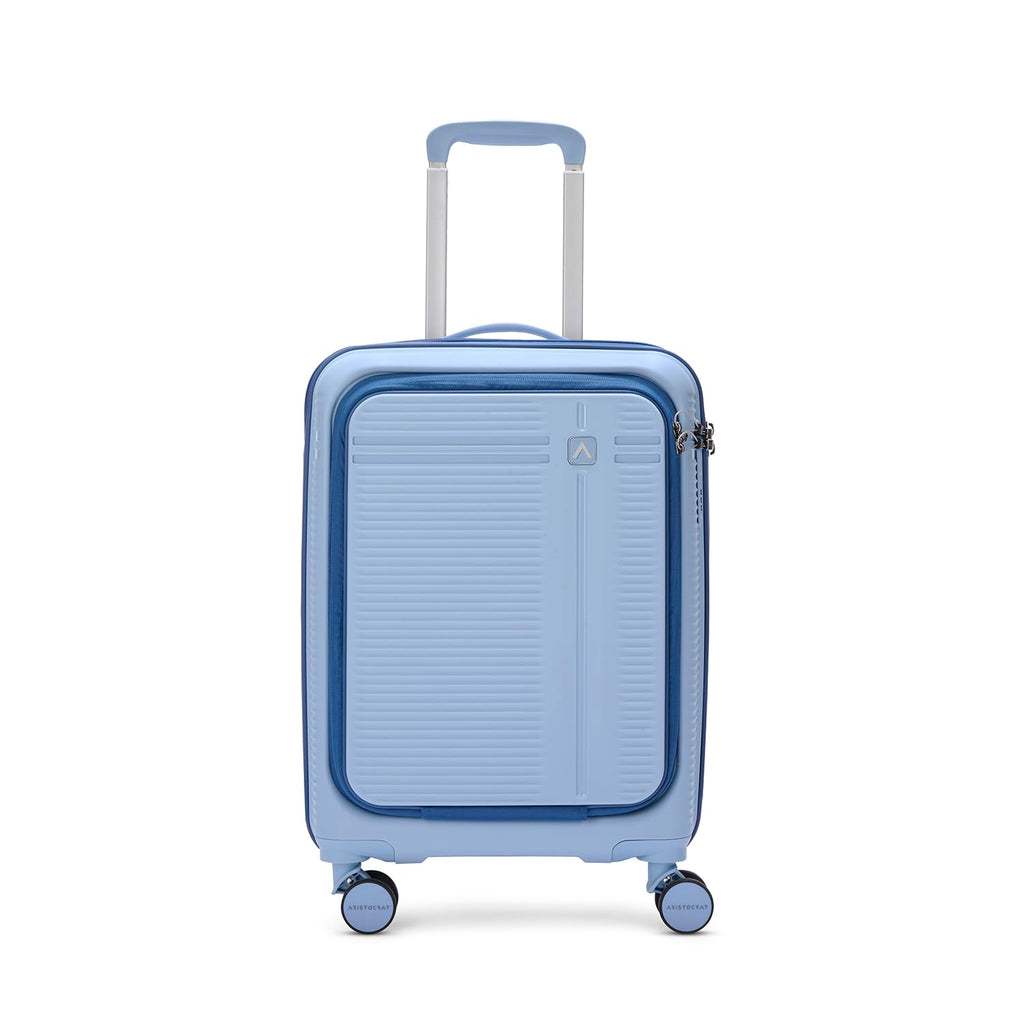 Aristocrat Solana Cabin Trolley Bag 53cm | Small | Hard Luggage | 8-Wheel Suitcase with Laptop Compartment for Business Travel | TSA Lock with Anti-Theft Zipper | 3 Years International Warranty (Blue)