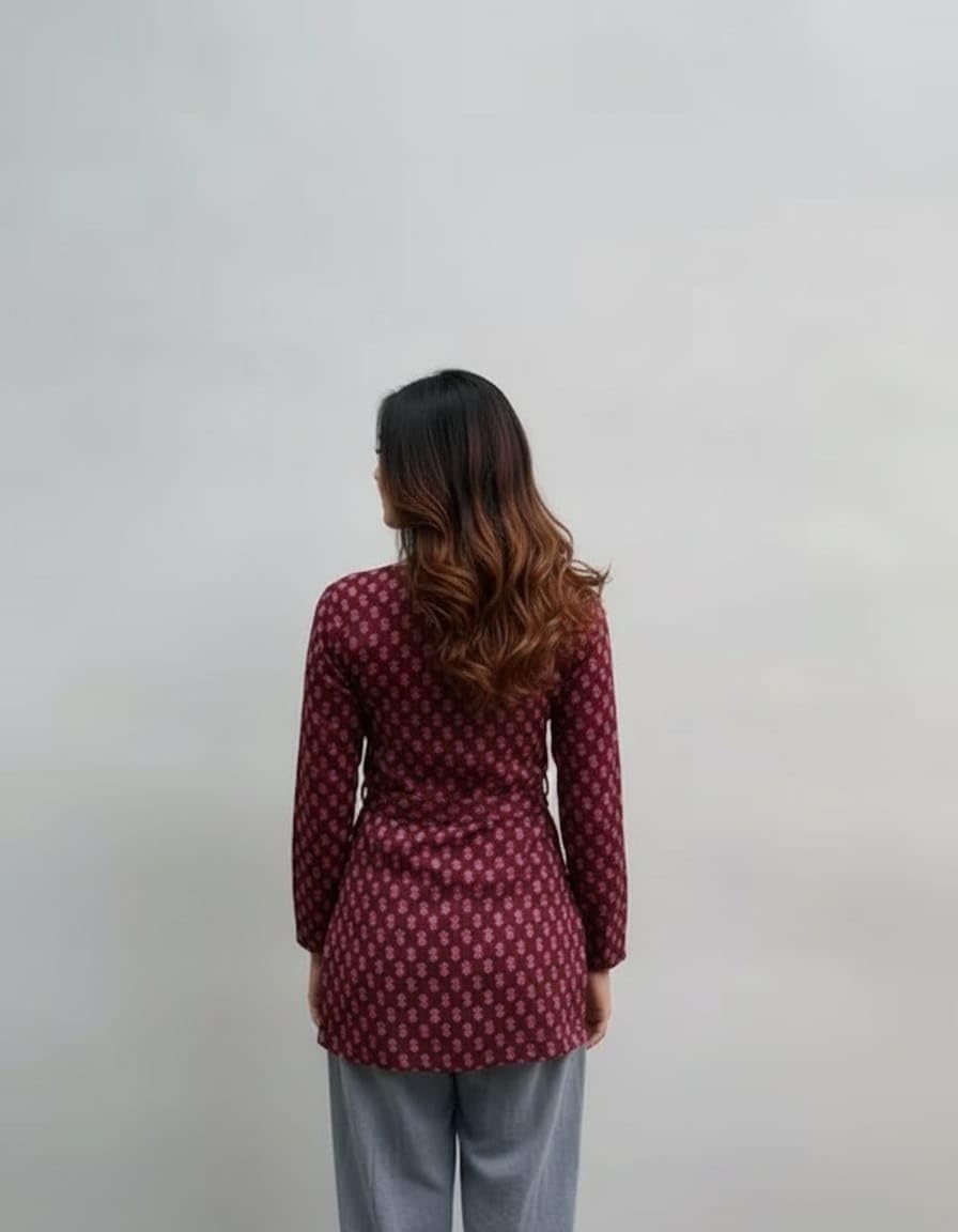 ANANT STORE Women's Rayon Floral Printed Full Sleeves V-Neck Short Kurti, Bell Sleeves, Short Kurti for Woman, Stylish Ethnic Top, Daily Casual Western & Office wear (in, Alpha, M, Maroon)