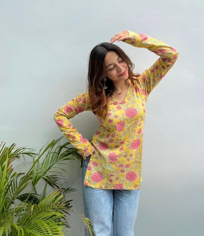 Women's Rayon Floral Printed Short Kurti V Neck Full Sleeves (in, Alpha, XS, Yellow)
