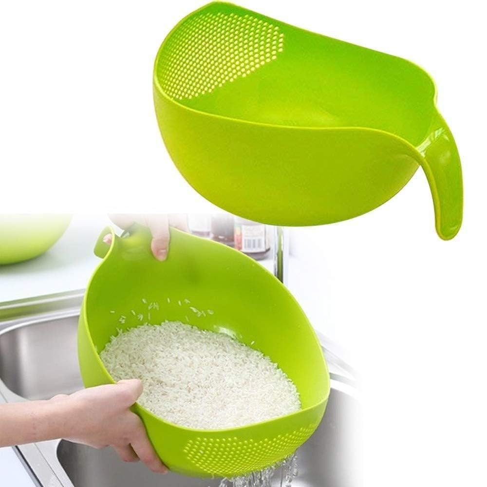 RICH MORE Plastic Rice Washing Bowl with Strainer, Green, 11x6x5 inch, Kitchen Colander with Handle