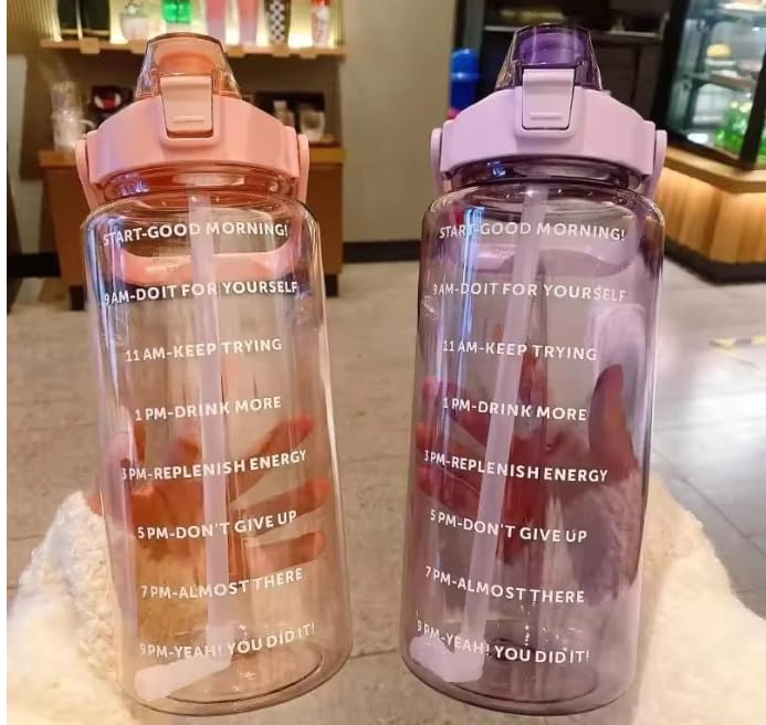 Motivational Water Bottle 2 Litre with Time Marker | Leak Proof BPA Free Gym Bottle | Sports Drinking Bottle with Straw & Handle for Office, Gym, School