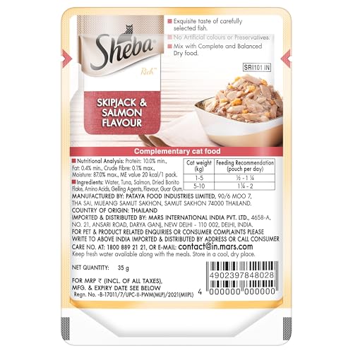 Sheba Rich Premium Adult (1+ Years) Wet Cat Food, Skipjack & Salmon Flavour, 35 g Pouch (Pack of 12), High-moisture wet food for healthy hydration