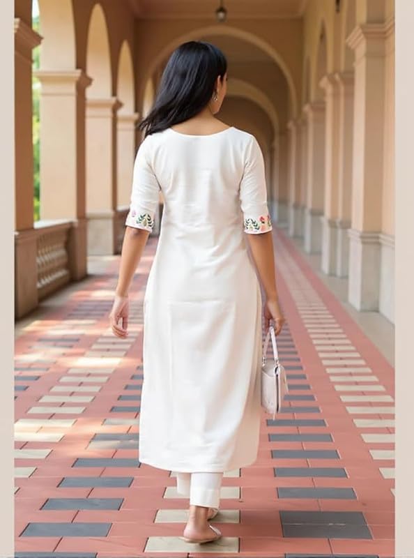 Women Denim Cotton Ethnic Kurta Set | Stylish Kurta with Pant Outfit White
