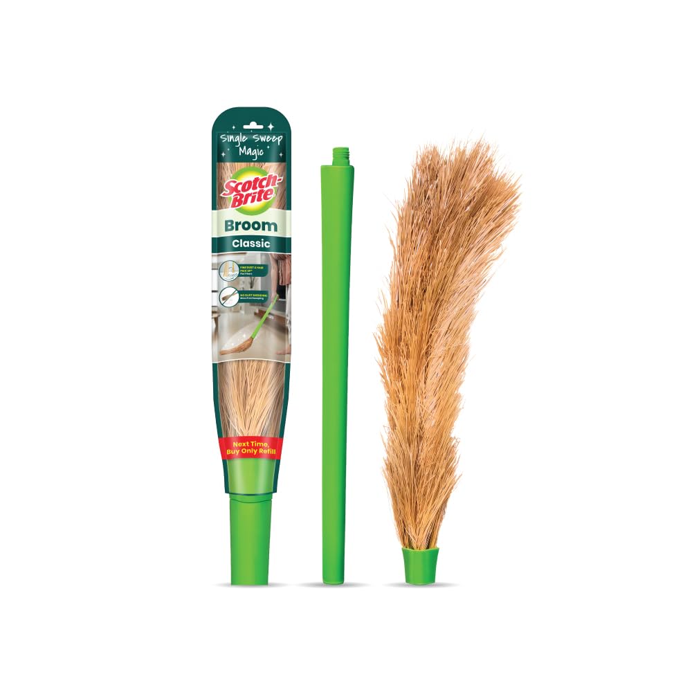 Scotch-Brite Classic Floor Broom | Flat Fibers Pick Fine Dust & Hair | Long Handle for No Bending | No Dust Shedding | Lightweight & Long Lasting