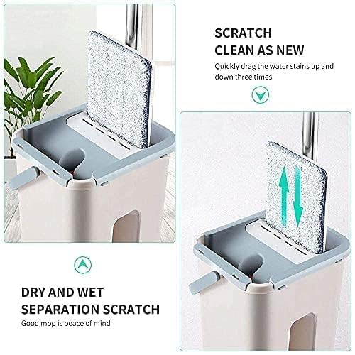 Mop Heavy Quality Floor Mop with Bucket, Flexible Kitchen tap Flat Squeeze Cleaning Supplies 360 Flexible Head/2 Reusable Pads Clean Home Floor Cleaners