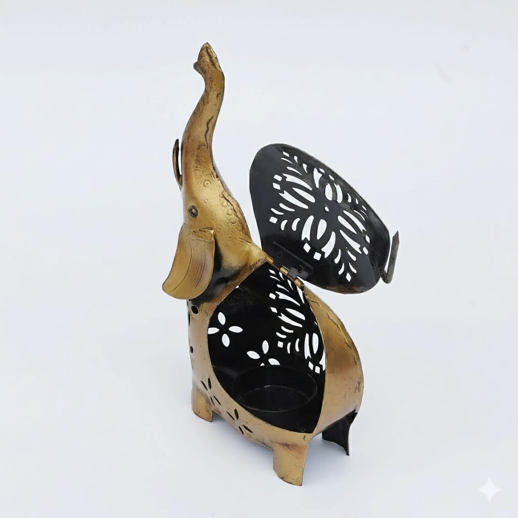 kraftcaar Metal Elephant Tealight Candle Holder and Showpiece | Decorative Iron Table Decor with Tea Light Stand | Traditional Home Accent for Dining Table | Festive, Diwali Gift Item