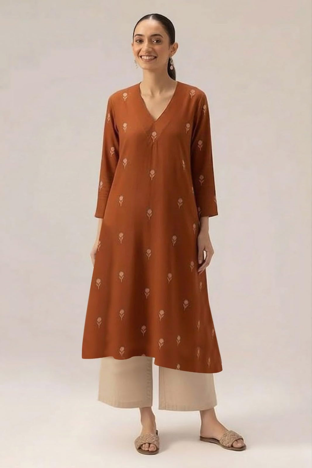 ANNI Designer Women's Rayon Viscose A-Line Printed Kurta with Palazzo (QUSHI Rust_M_Rust_Medium)