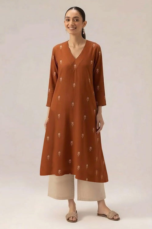 ANNI Designer Women's Rayon Viscose A-Line Printed Kurta with Palazzo (QUSHI Rust_M_Rust_Medium)