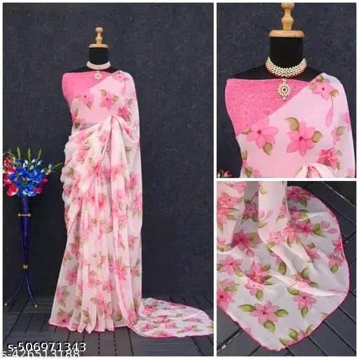 Lightweight Chiffon Saree with Lace BorderPink chiffon flower