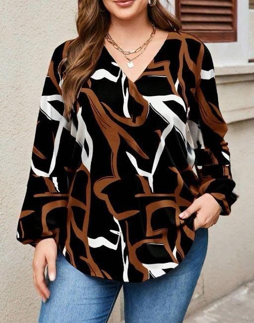 NG NIROMIKA Viscose Rayon Abstract Pattern Top for Women | A Line Tops | Summer Kurta | V-Neck Top | Short Kurti for Women| Full Sleeves |NG-025 Bl.Brown-3XL