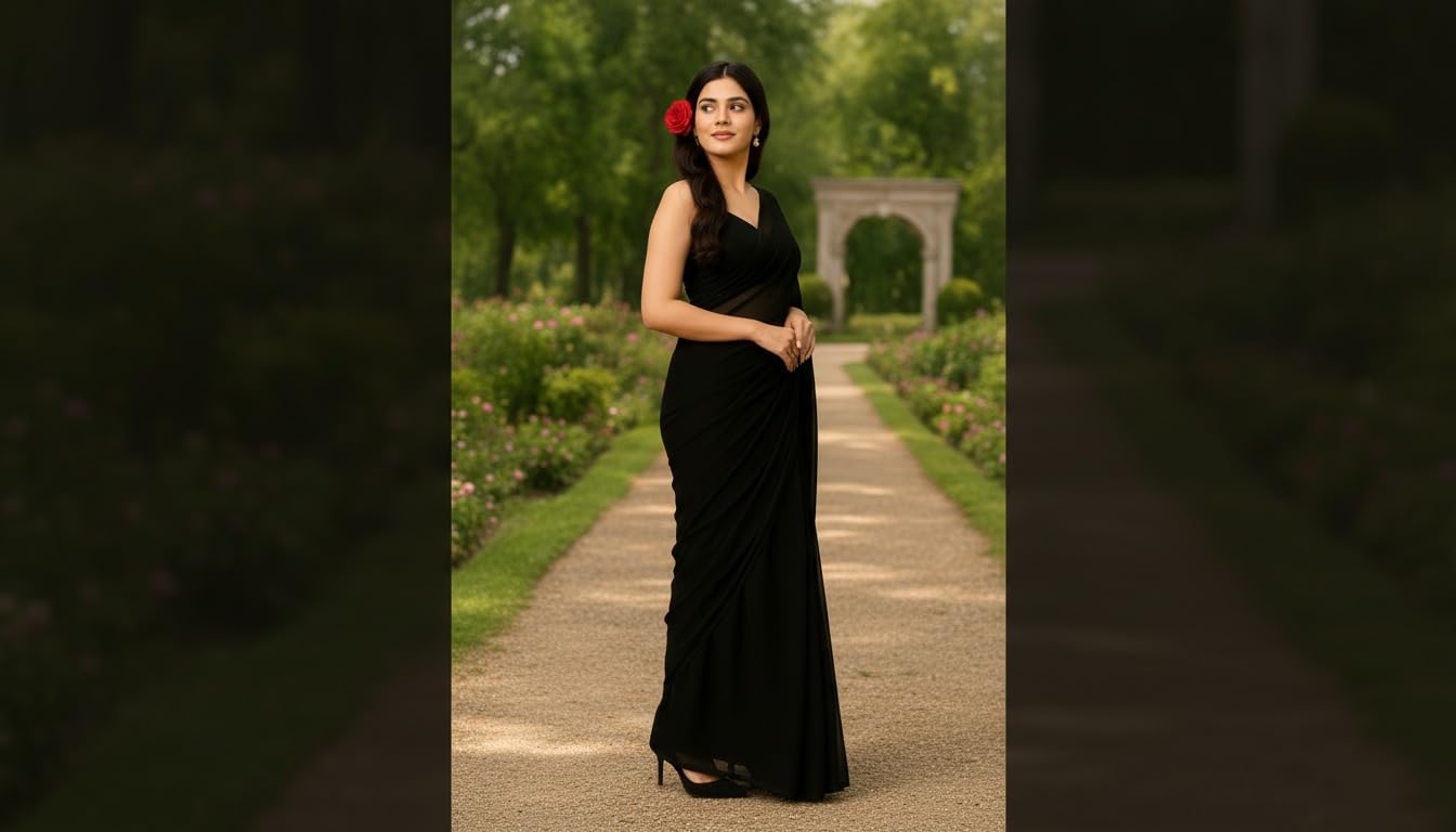 SHREE SHYAM ENTERPRISE Premium Georgette Saree for Women | Plain Saree with Soft Flowing Drape | Comes with Unstitched Blouse Piece (BLACK)
