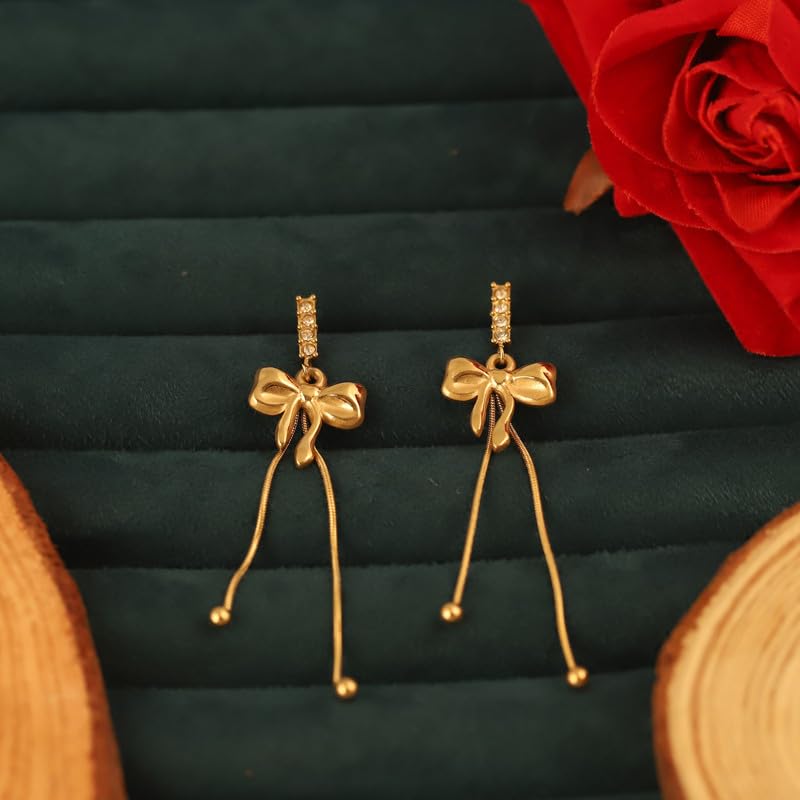 CALISTA Grace Bow Luxe Dangle Earrings for Women | Gold-Plated Bow Design Long Drop Earrings | Lightweight Anti-Tarnish Fashion Jewellery | Party, Festive & Gifting Wear