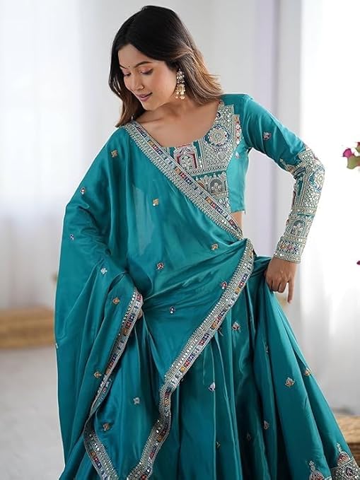 Shri Radhe Creation Women’s Semi Stitched Lehenga Choli Set With Unstitched Blouse And Designer Dupatta For Wedding, Party, Festival, Family Function Or Special Occasion (RAMA BLUE)
