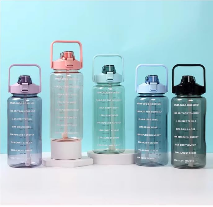 Motivational Water Bottle 2 Litre with Time Marker | Leak Proof BPA Free Gym Bottle | Sports Drinking Bottle with Straw & Handle for Office, Gym, School