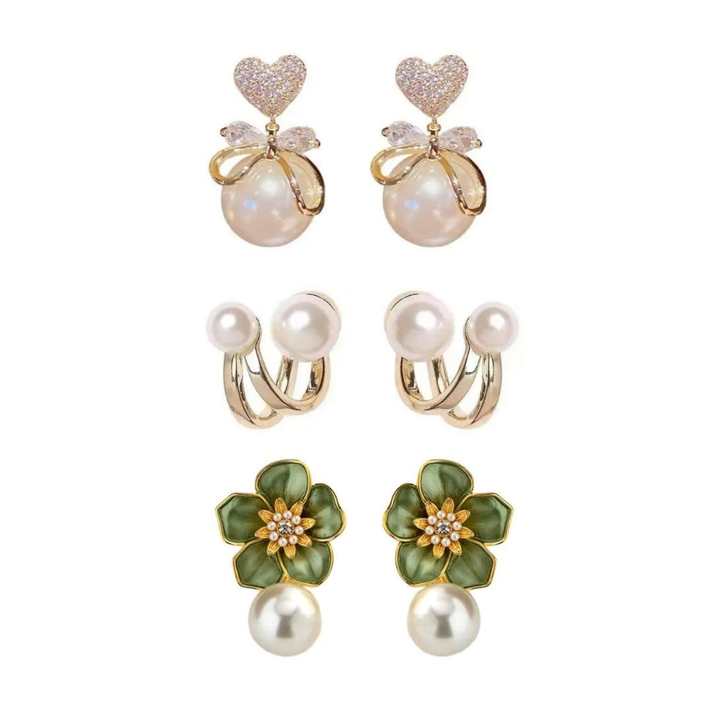 Estailo Fashion® Elegant Pearl Earrings Combo | Set of 3 – Wisdom, Flower & Minimal Style for Women