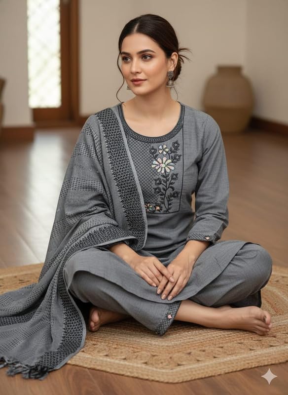 Women's South Cotton Embroidery Work Kurta with Pant & Dupatta GREY GREY_2XL