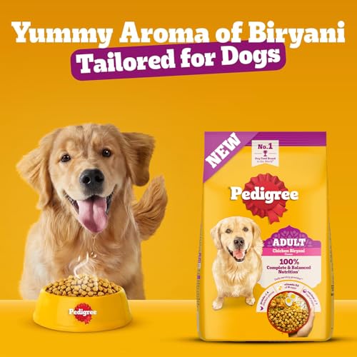 Pedigree Adult Dry Dog Food, New Chicken Biryani Flavour, 1 kg, Protein of 4 Chicken Pieces, Vitamin D3 of 6 Eggs, Calcium of 7 Cups of Yogurt, 100% Complete and Balanced Nutrition